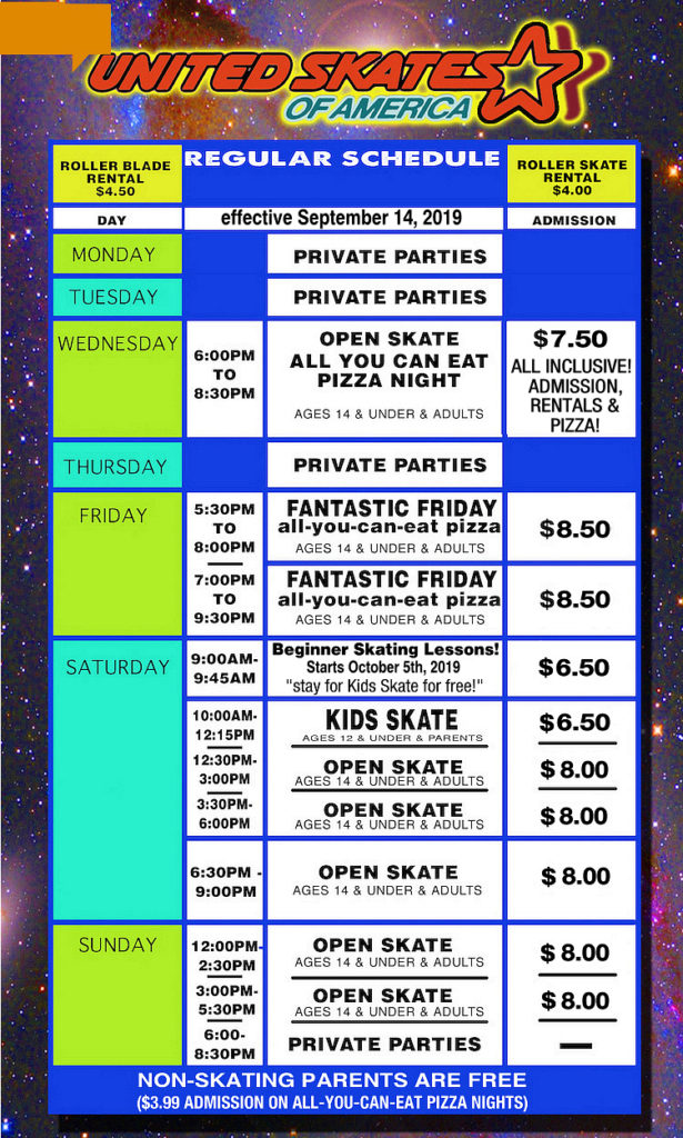The price for different times and dates at United Skates of America.